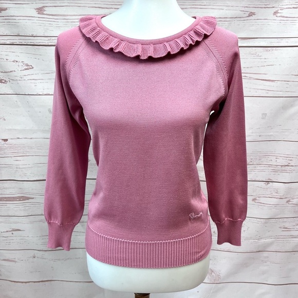 Vintage Mid Century Mod Givenchy Sport Dusty Mauve Fine Knit Ruffle Neck Sweater - Picture 1 of 11